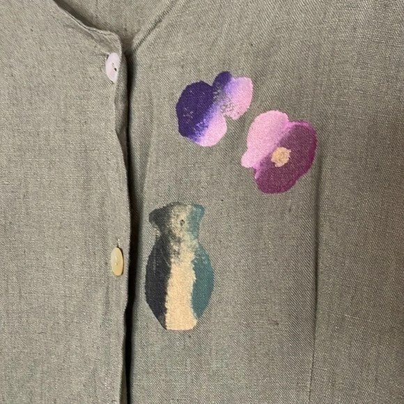 Vintage Play Alegre Hand Painted Green 100% Linen Dress Large (L) - Picture 4 of 7